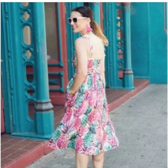 J.Crew Cotton Sleeveless Midi Dress Size 2T Ratti Pineapple Pink Tropical Preppy - Picture 2 of 13